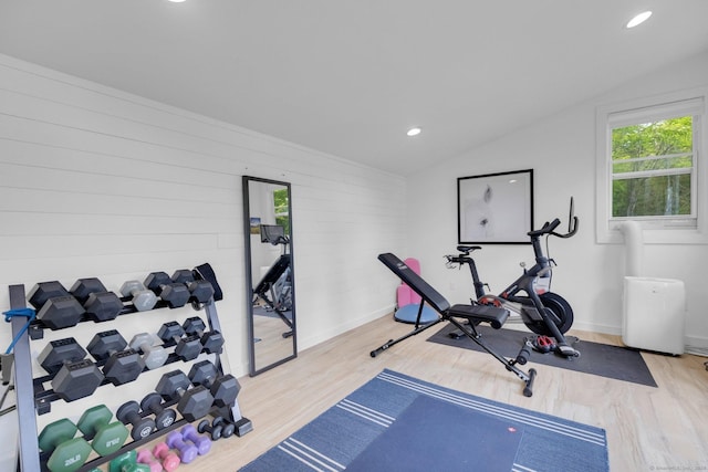 135 Gary Rd, Stamford, CT 06903 - workout room with lofted ceiling, wood finished floors, healthy amount of natural light, baseboards, and recessed lighting