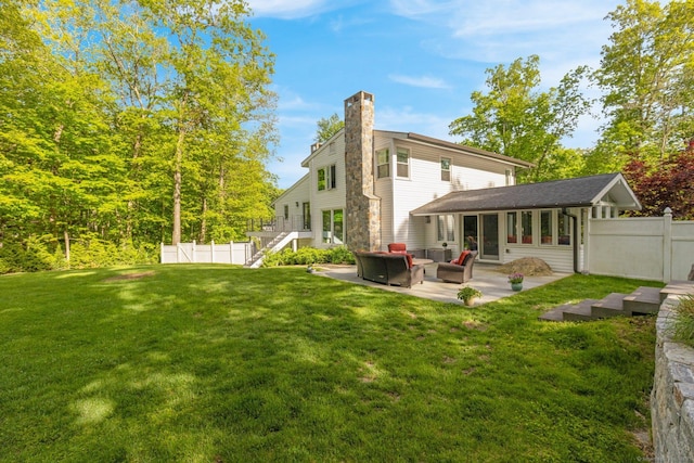 135 Gary Rd, Stamford, CT 06903 - rear view of property with a chimney, a patio area, an outdoor hangout area, and stairway