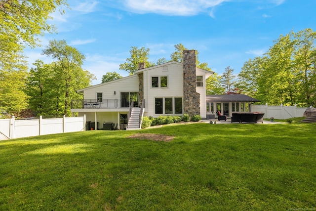135 Gary Rd, Stamford, CT 06903 - back of house with an outdoor hangout area, a chimney, stairway, a patio area, and central AC unit