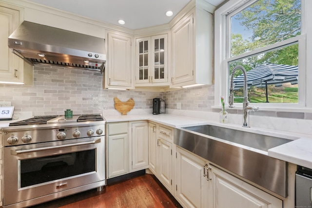 194 Josies Ring Rd, Monroe, CT 06468 - kitchen featuring high end stove, exhaust hood, a sink, dark wood-style flooring, and tasteful backsplash