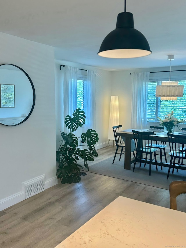dining room with plenty of natural light, wood finished floors, and baseboards