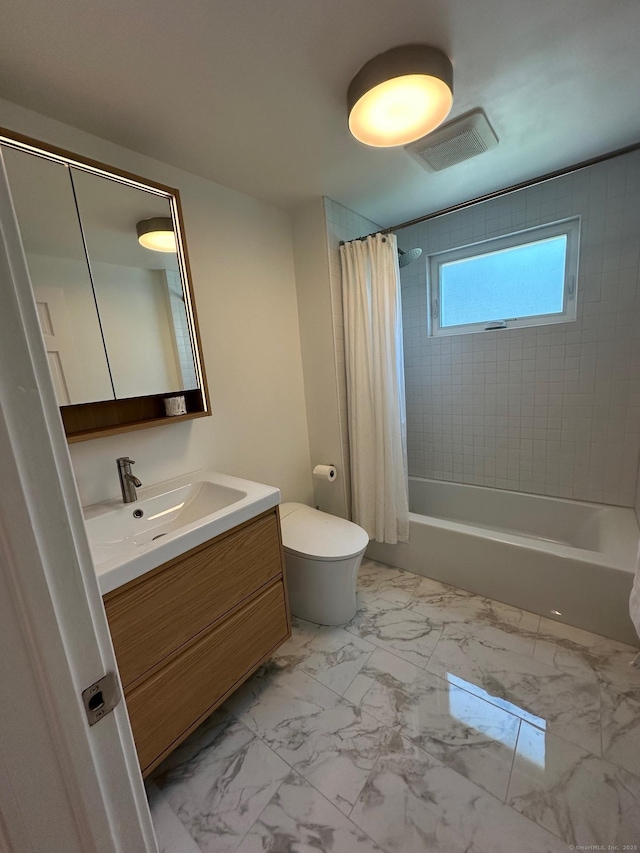 full bath featuring marble finish flooring, toilet, vanity, and shower / bathtub combination with curtain