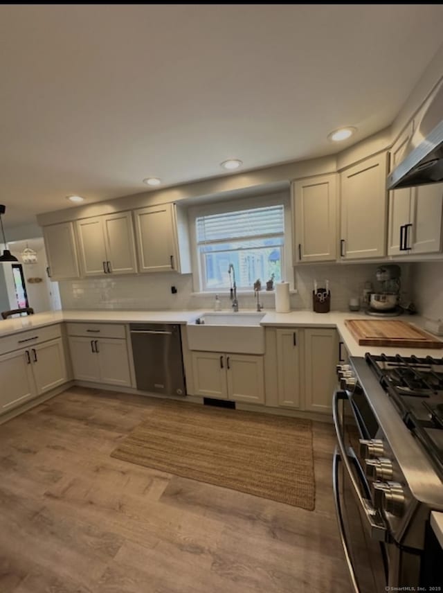 kitchen featuring stainless steel dishwasher, gas range oven, a sink, under cabinet range hood, and light wood-type flooring