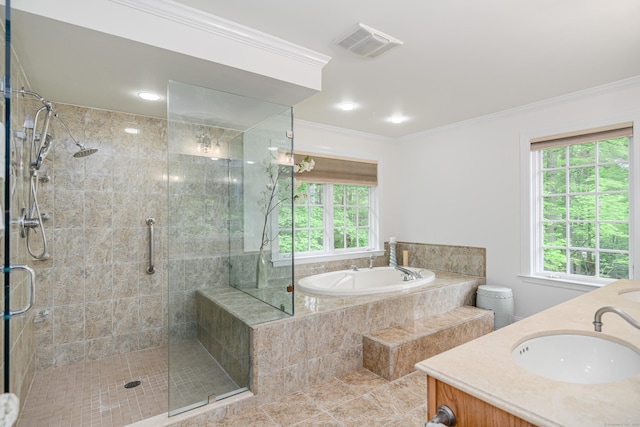 34 Avalon Dr, Middlebury, CT 06762 - full bath featuring a bath, double vanity, a stall shower, and ornamental molding