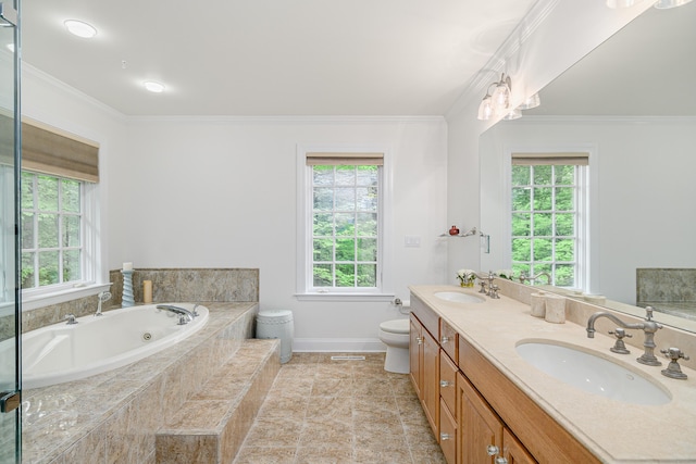 34 Avalon Dr, Middlebury, CT 06762 - bathroom featuring baseboards, a whirlpool tub, double vanity, crown molding, and toilet