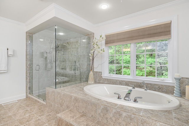 34 Avalon Dr, Middlebury, CT 06762 - bathroom with a stall shower, a garden tub, crown molding, and baseboards
