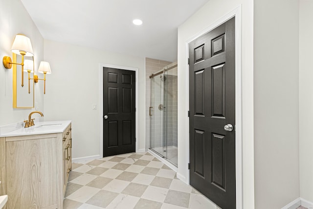 34 Willow Ln, East Lyme, CT 06333 - full bathroom with a stall shower, vanity, baseboards, and recessed lighting