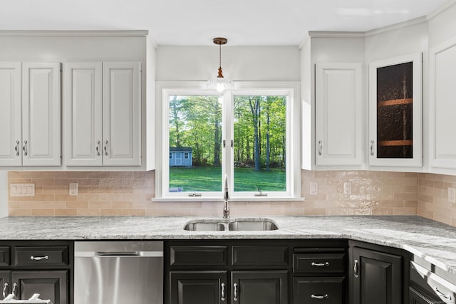34 Willow Ln, East Lyme, CT 06333 - kitchen with a sink, dishwasher, white cabinetry, and dark cabinetry