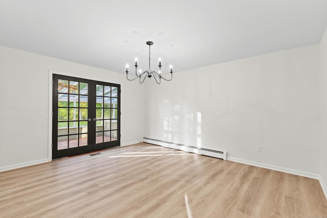 34 Willow Ln, East Lyme, CT 06333 - unfurnished room featuring a baseboard radiator, french doors, a chandelier, light wood-type flooring, and baseboards