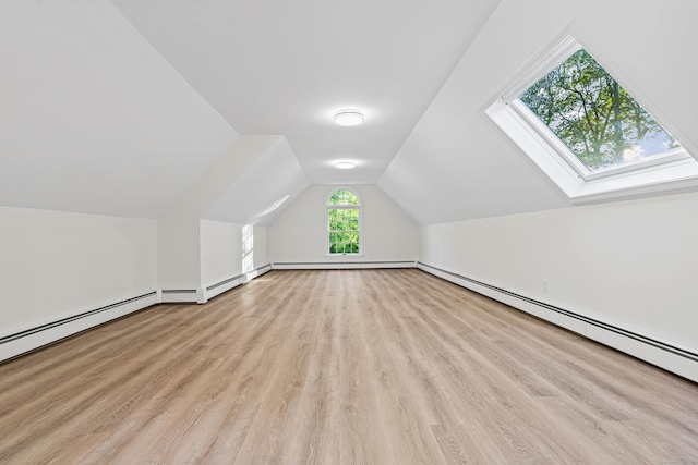 34 Willow Ln, East Lyme, CT 06333 - additional living space with a baseboard radiator, wood finished floors, lofted ceiling, and a skylight