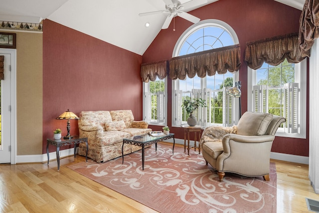 33 Pease Farm Rd, Ellington, CT 06029 - living room featuring wood finished floors, ceiling fan, and high vaulted ceiling