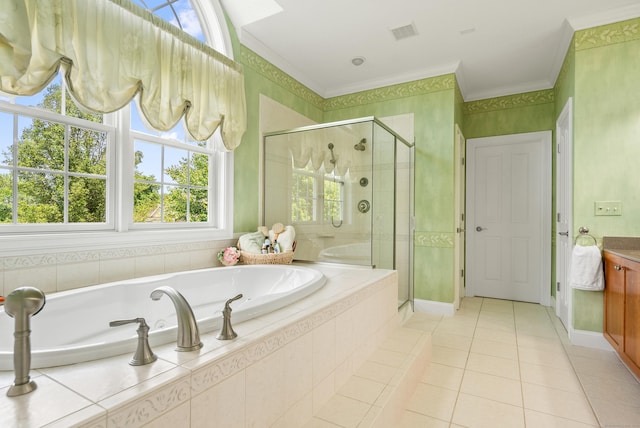 33 Pease Farm Rd, Ellington, CT 06029 - bathroom featuring crown molding, vanity, a bath, a shower stall, and tile patterned flooring