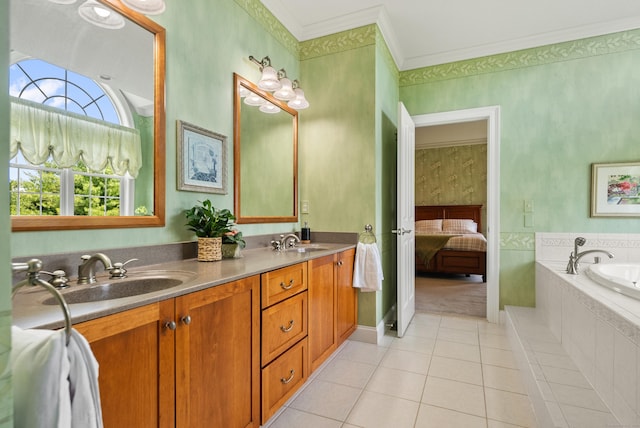 33 Pease Farm Rd, Ellington, CT 06029 - ensuite bathroom featuring tile patterned floors, double vanity, a bath, and ornamental molding