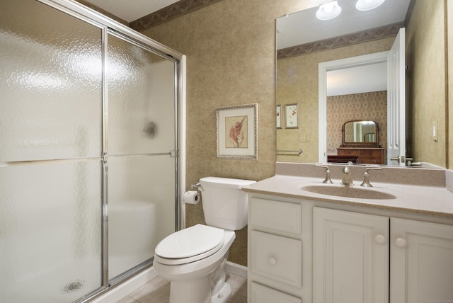 33 Pease Farm Rd, Ellington, CT 06029 - bathroom with wallpapered walls, a shower stall, vanity, and tile patterned flooring