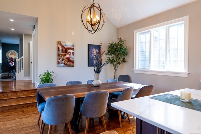 471 Newtown Tpke, Redding, CT 06896 - dining room featuring a chandelier, wood finished floors, vaulted ceiling, and recessed lighting