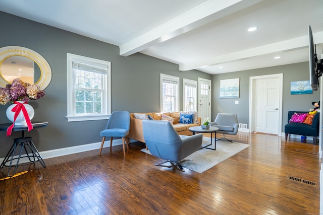 471 Newtown Tpke, Redding, CT 06896 - living area with beam ceiling, wood finished floors, baseboards, and recessed lighting