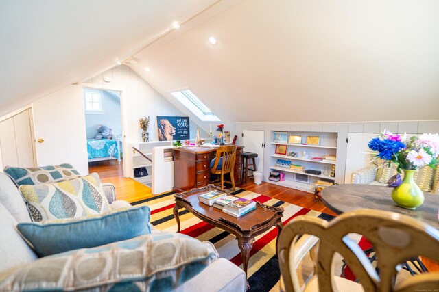 471 Newtown Tpke, Redding, CT 06896 - playroom featuring wood finished floors, a skylight, and lofted ceiling