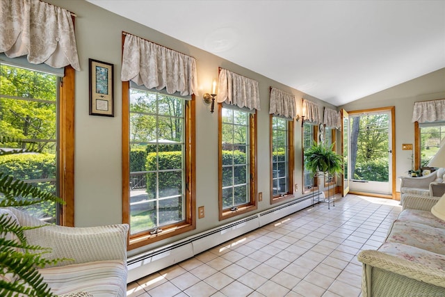 255 Killingly Rd, Pomfret, CT 06259 - unfurnished sunroom featuring a baseboard heating unit, tile patterned floors, and lofted ceiling