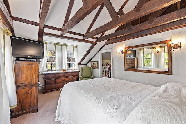 255 Killingly Rd, Pomfret, CT 06259 - bedroom featuring light carpet, multiple windows, beamed ceiling, a textured wall, and a walk in closet