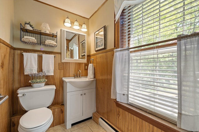 255 Killingly Rd, Pomfret, CT 06259 - bathroom featuring vanity, a wainscoted wall, tile patterned floors, toilet, and wood walls