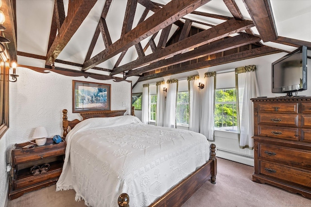 255 Killingly Rd, Pomfret, CT 06259 - carpeted bedroom with a baseboard heating unit, a textured wall, beamed ceiling, and high vaulted ceiling