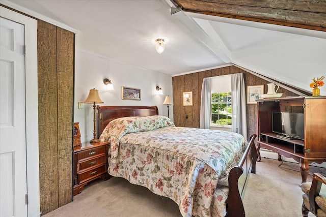 255 Killingly Rd, Pomfret, CT 06259 - bedroom with light carpet, beamed ceiling, and wooden walls