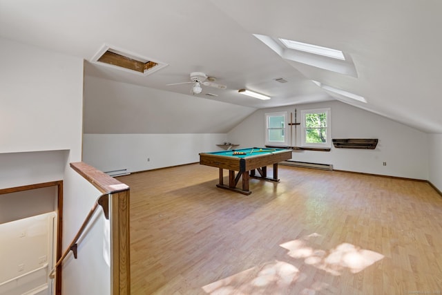 26 Maple Ave, North Haven, CT 06473 - recreation room with a baseboard radiator, billiards table, light wood-style flooring, a skylight, and lofted ceiling