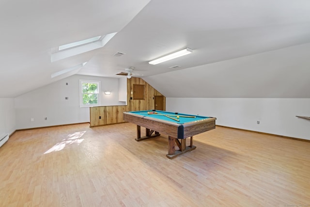 26 Maple Ave, North Haven, CT 06473 - rec room with a skylight, light wood-style flooring, billiards, baseboards, and lofted ceiling