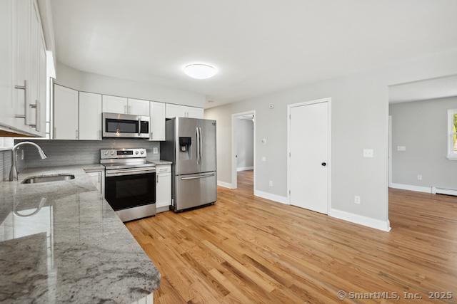 kitchen featuring stainless steel appliances, a sink, white cabinetry, decorative backsplash, and light wood-type flooring