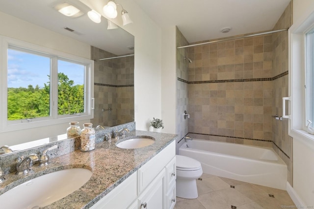 65 Church Rd, Sherman, CT 06784 - full bathroom with toilet, tile patterned flooring, double vanity, and shower / washtub combination