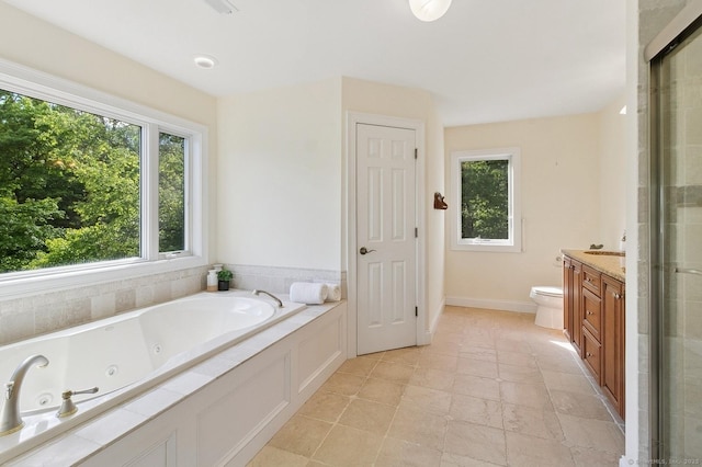 65 Church Rd, Sherman, CT 06784 - full bath with vanity, a jetted tub, toilet, and a shower stall