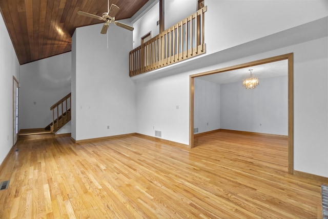 2 Meadowview Ln, Norwich, CT 06360 - unfurnished living room with stairway, a ceiling fan, wood finished floors, a chandelier, and wood ceiling