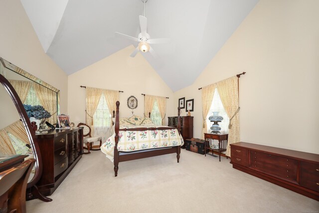 17A Morris Rd, Prospect, CT 06712 - bedroom featuring high vaulted ceiling, light colored carpet, and a ceiling fan