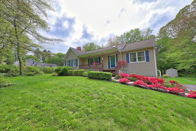 17A Morris Rd, Prospect, CT 06712 - ranch-style home with a shed, a porch, a chimney, an outdoor structure, and a front yard