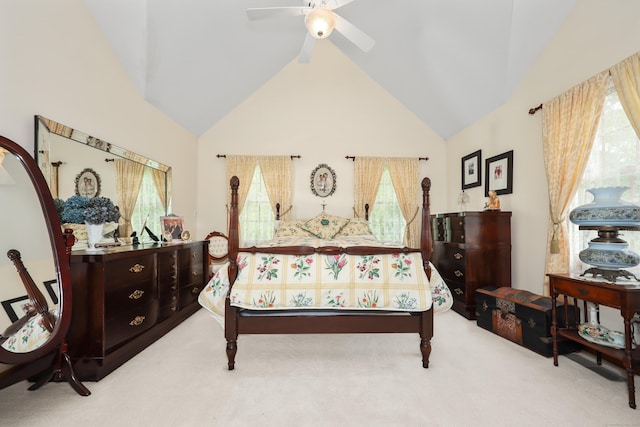 17A Morris Rd, Prospect, CT 06712 - bedroom with carpet floors, multiple windows, high vaulted ceiling, and a ceiling fan