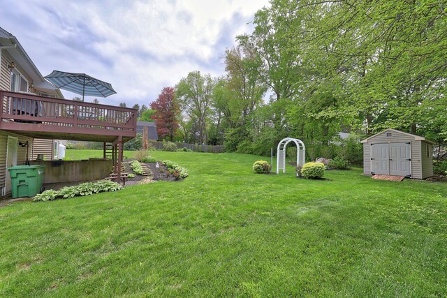 17A Morris Rd, Prospect, CT 06712 - view of grassy yard with a storage unit, a deck, an outdoor structure, and view of wooded area
