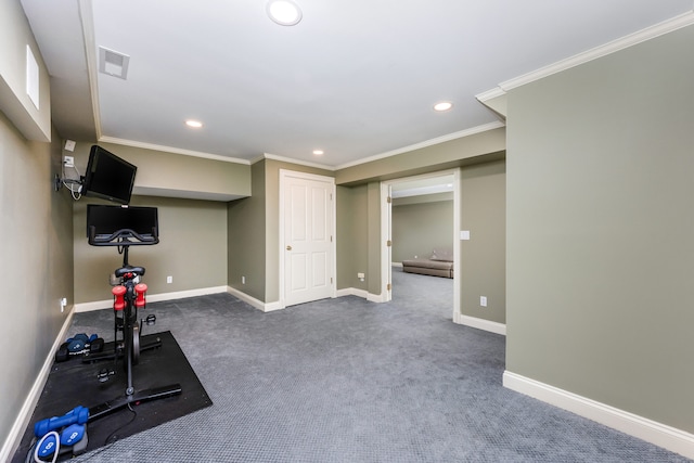 21 Park Pl, Darien, CT 06820 - workout area with recessed lighting, baseboards, crown molding, and dark carpet
