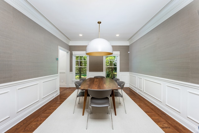 21 Park Pl, Darien, CT 06820 - dining space with dark wood-style floors, crown molding, wainscoting, recessed lighting, and a decorative wall