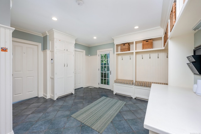 21 Park Pl, Darien, CT 06820 - mudroom with recessed lighting, crown molding, and baseboards