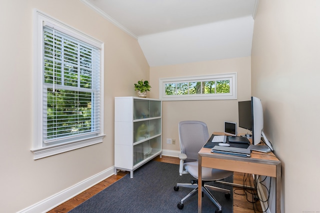 21 Park Pl, Darien, CT 06820 - home office with healthy amount of natural light, baseboards, wood finished floors, ornamental molding, and lofted ceiling