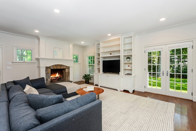 21 Park Pl, Darien, CT 06820 - living room with french doors, ornamental molding, recessed lighting, dark wood-style flooring, and a fireplace