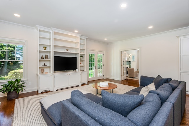 21 Park Pl, Darien, CT 06820 - living area with crown molding, recessed lighting, wood finished floors, baseboards, and french doors