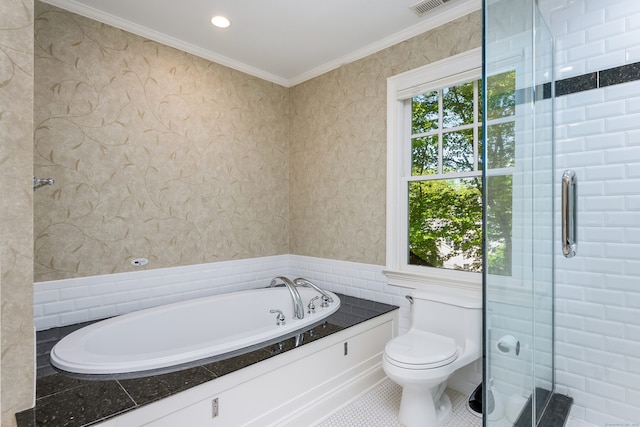 21 Park Pl, Darien, CT 06820 - bathroom with healthy amount of natural light, a garden tub, ornamental molding, a shower stall, and toilet