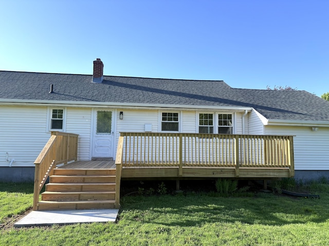244 Spruce Brook Rd, Berlin, CT 06037 - back of property featuring a wooden deck, a lawn, a chimney, and a shingled roof