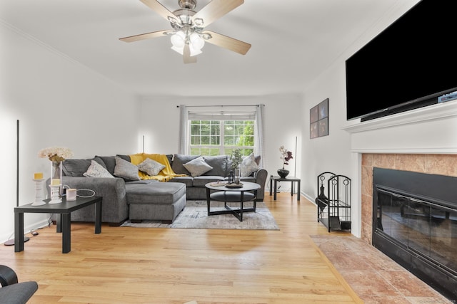40 High Ridge Rd, Hamden, CT 06514 - living area featuring ceiling fan, light wood-style floors, and a fireplace