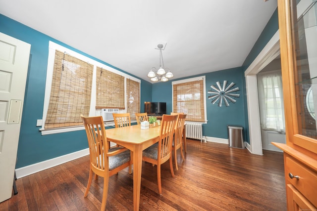 30 Birchwood St, Waterbury, CT 06708 - dining space with radiator heating unit, a chandelier, baseboards, and wood finished floors