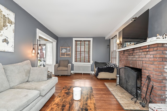 30 Birchwood St, Waterbury, CT 06708 - living room featuring radiator heating unit, wood finished floors, and a fireplace