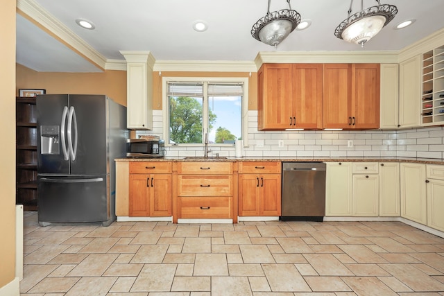 30 Birchwood St, Waterbury, CT 06708 - kitchen with stainless steel appliances, tasteful backsplash, ornamental molding, a sink, and stone countertops