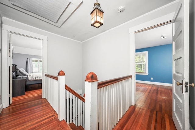 30 Birchwood St, Waterbury, CT 06708 - hallway featuring an upstairs landing, hardwood / wood-style floors, baseboards, and crown molding