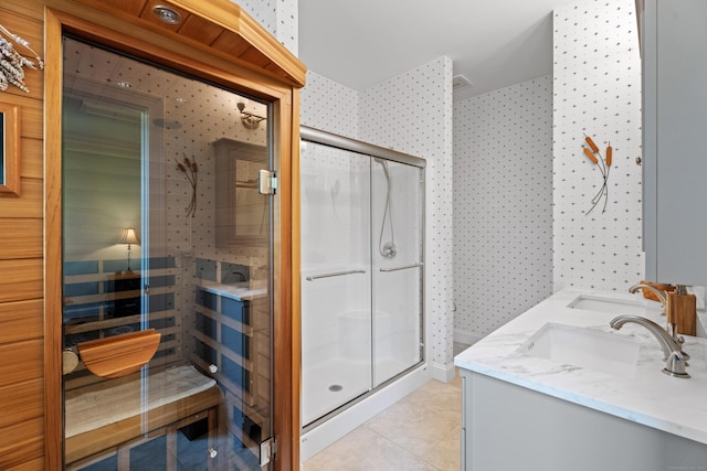20 Webster Ln Unit 20, Middletown, CT 06457 - bathroom with wallpapered walls, a sauna / steam room, a stall shower, tile patterned floors, and double vanity